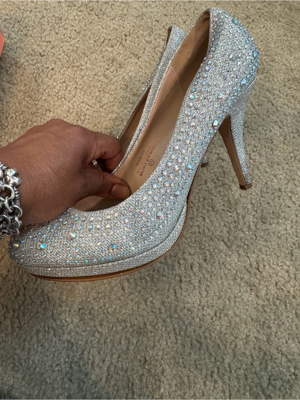 De Blossom Collection Silver Crystal Platform Stiletto Heels